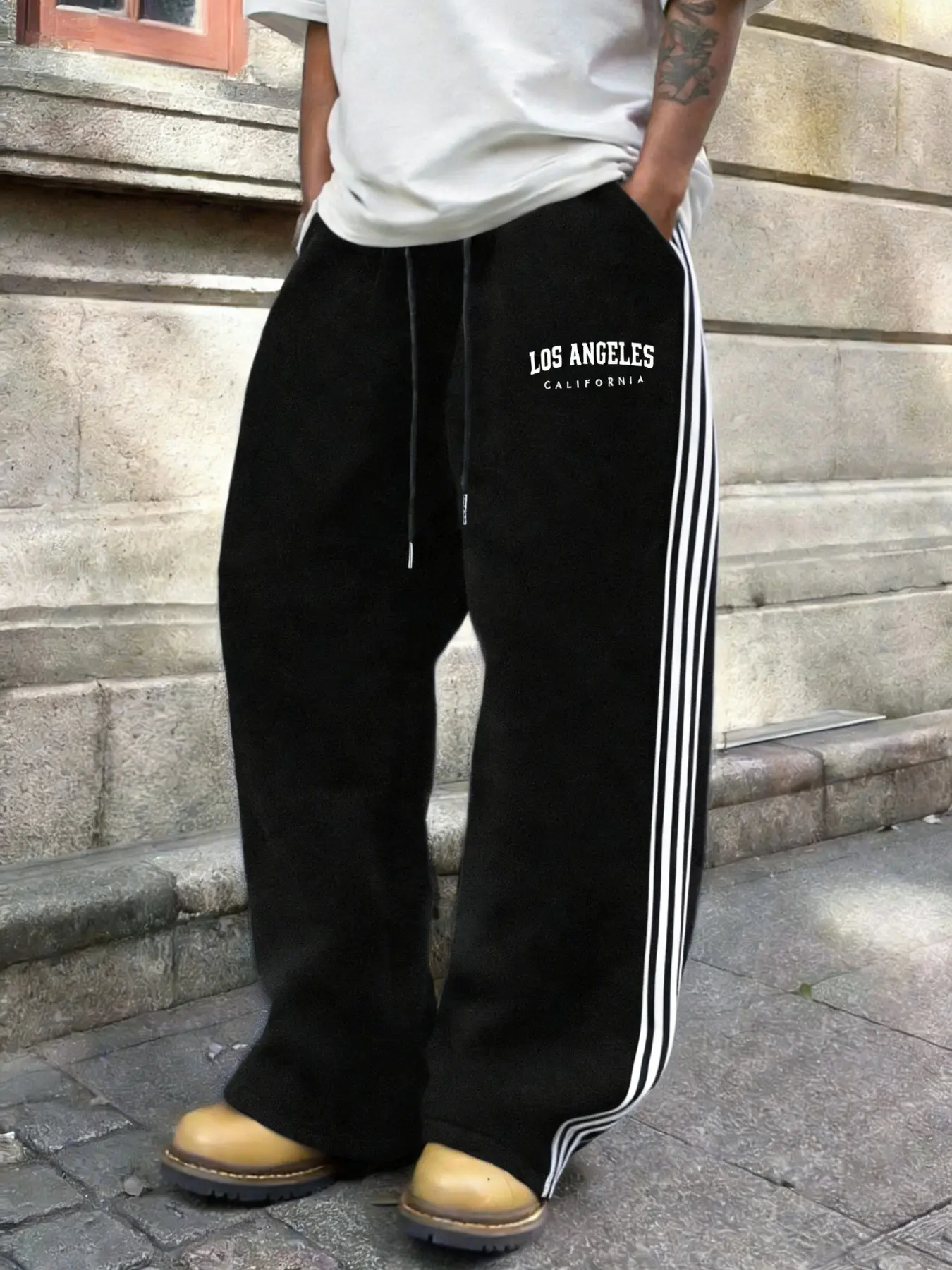 Los Angeles California Letter Side Stripe Design, Pockets, Loose Fit Wide Leg Pants, Comfortable Drop Fabric, Casual All Season Wear