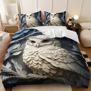 Bedding 3-piece set - 3PCS,Grey and White Owl Tree Branch Perching Design Down Comforter Set (1 comforter cover + 2 pillowcases, filling not included) - soft and comfortable, suitable for family bedrooms.