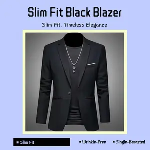 Men's Slim Fit Black Blazer Jacket - Slim Fit, Wrinkle-Free, Single-Breasted, Versatile for Office & Casual Wear, Timeless All-Black Design, Soft Breathable Fabric, Suitable for Groomsmen & Grooms