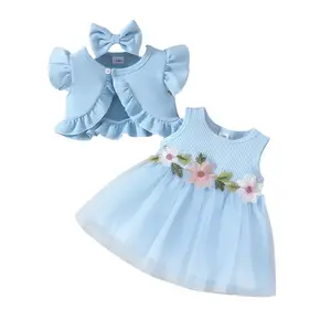 Baby Girls 3Pcs Spring Outfits 3M-3T Sleeveless Tulle Dress with Button Up Coat Headband Set Infant Clothes
