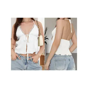 Women's Summer Halter Tank Tops Lace Trim Sleeveless Slit Hem BacklessFit Vest