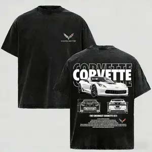Vintage Acid Snow Washed Heavyweight Cotton Graphic T-Shirt, Retro Classic Corvette American Sports Car Print Tee, Gothic Y2K Hip Hop Oversized Loose Fit Muscle Car Streetwear, Casual Daily Outdoor Party Aesthetic Top for Men Women