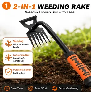 2PCS Garden Weeding Tool Set – 6-Tine Hand Rake with Non-Slip Gardening Gloves, Heavy Duty Hand Cultivator for Weeding, Digging, Soil Loosening, Yard & Vegetable Garden