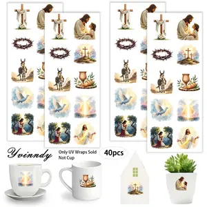 40 Pieces/Set Jesus Prays UV DTF DIY Cups Transfer Stickers, Suitable For DIY Cups, Computers, Scrapbooks, Etc., Popular Creative Uvdtf Stickers Among DIY Enthusiasts (Transfer Stickers Only, Other Items Not Included)