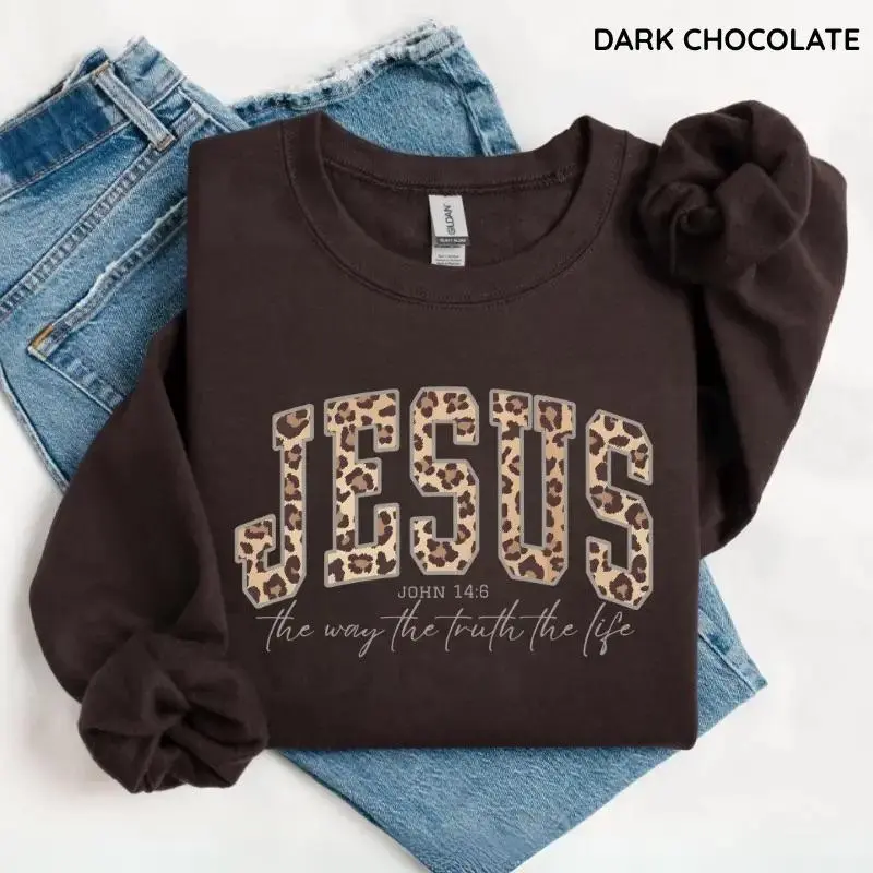 Jesus John 14:6 Sweatshirt, Leopard Print Christian Crewneck, The Way The Truth The Life Pullover, Faith Gift for Women, Bible Verse Top