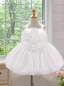 Toddler Girl's 3d Flower Decor Tulle Party Dress, Cute Romantic Sleeveless Bubble Hem Tutu Dress for Birthday Wedding Party, Kids Clothes for All Seasons