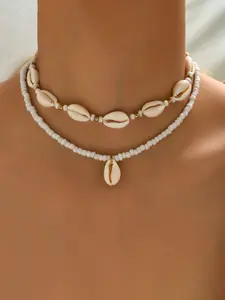 Boho Beach Vacation Shell Fashion Jewelry Set, Pearl Bead Necklace, Casual Style, 2 Piece Sandshell Accessory, Fashionable Jewelry