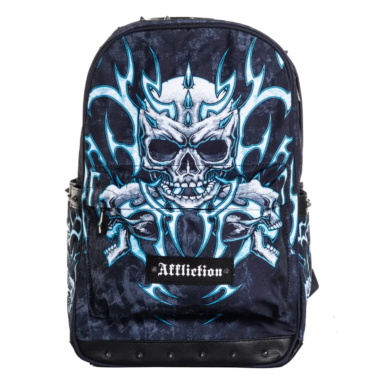 Affliction Ice Inferno Black Backpack with Sublimated Artwork, Cone Studs, and Custom Metal Zipper Pulls, Black Backpacks, Art Graphic Backpacks