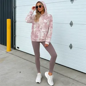 Warm Winter Camouflage Hoodie For Women, Loose Pullover Hooded Sweatshirt With Jungle Maple Leaf Print, Casual Streetwear Clothing Suitable For Fall And Winter