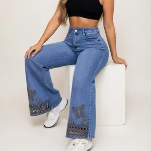 Women's Colombian High-Waist Stretch Embroidered Jeans - Casual Fashion Statement Pants, Sculpting Fit, Leg-Flattering Stretch Fabric for Daily Outfits