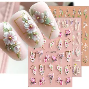 3D Embossed Flower Leaves Nail Art Stickers Decals 4 Sheets 5D Self-Adhesive Pegatinas Uñas Summer Nail Supplies Nail Art Design Decoration Accessories