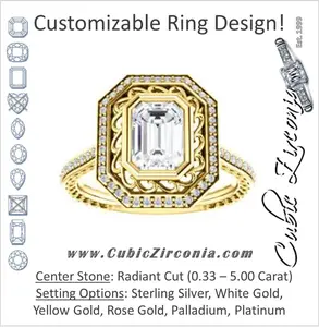 Cubic Zirconia Engagement Ring- The Sydney Ava (Customizable Cathedral-Bezel Radiant Cut Filigreed Design with Halo & Pavé Accents)