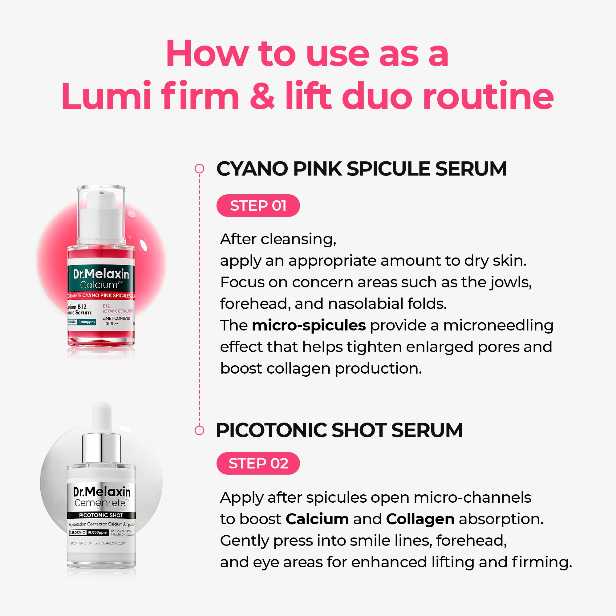 [Dr.Melaxin Official] Lumi firm & lift Duo  | plumping skin & strengthen skin density | Cyano Pink Spicule Serum + Picotonic Shot Ampoule