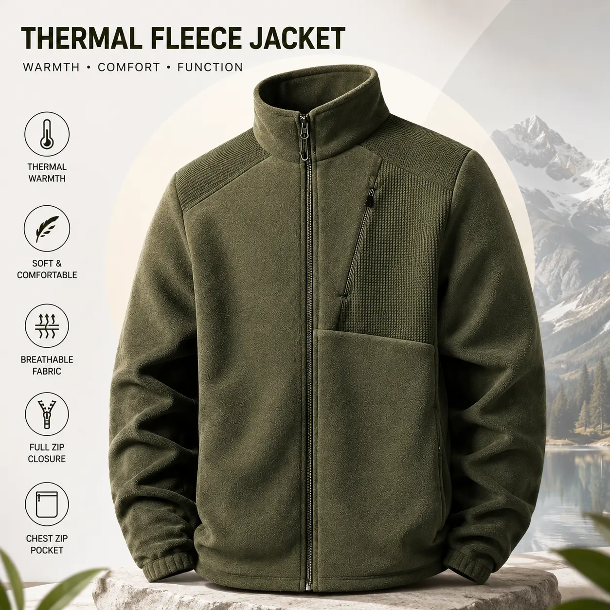 Men’s Outdoor Fleece Coat - Stand Collar Zip-Up Menswear Top, Autumn-Winter Casual Mountaineering Outerwear, Coats, Plain