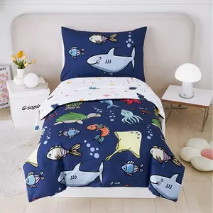 4 Pieces Toddler Bedding Ocean Animal Printed Reversible Lightweight Cartoon Comforter Set Bed in A Bag for Toddler Boys Girls, Navy Blue Sharks/Dolphins/Fish