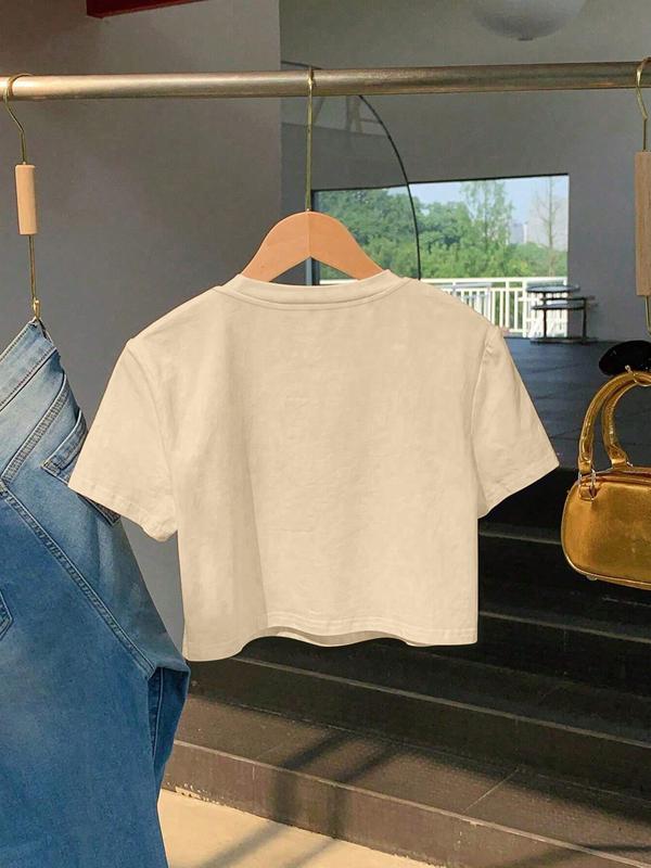 Women's "thanks It's The Trauma" Print Round Neck Crop Tee, Fashion Casual Crew Neck T-shirt for Daily Holiday Vacation Outdoor Wear, Ladies Clothes for Summer, Top