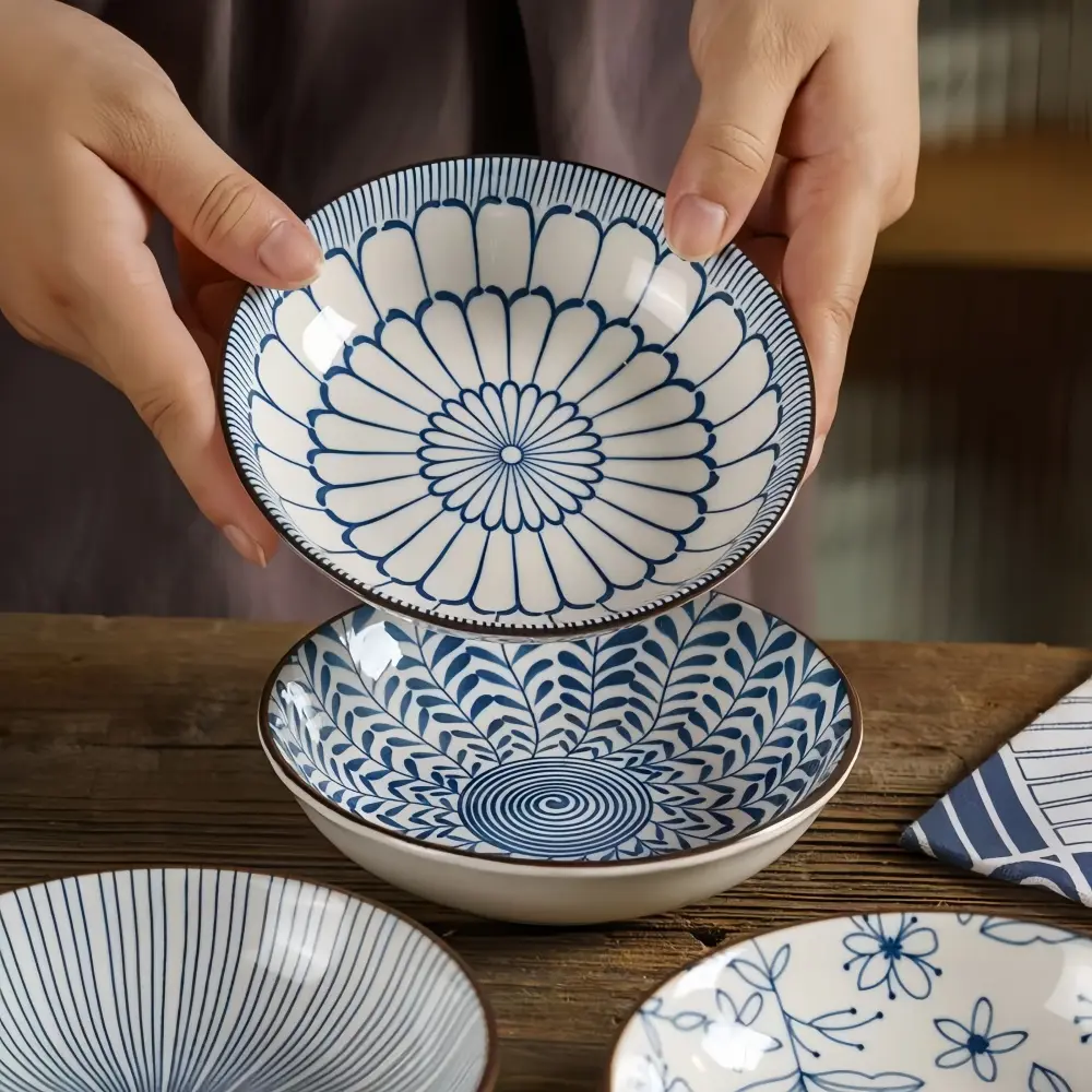 6pcs Japanese Ceramic Salad Serving Plates, Blue Floral Design, Handmade Glazed Dishware, Modern Ceramic Dinnerware, Microwave & Dishwasher Safe, Perfect for Snacks Fruits Desserts