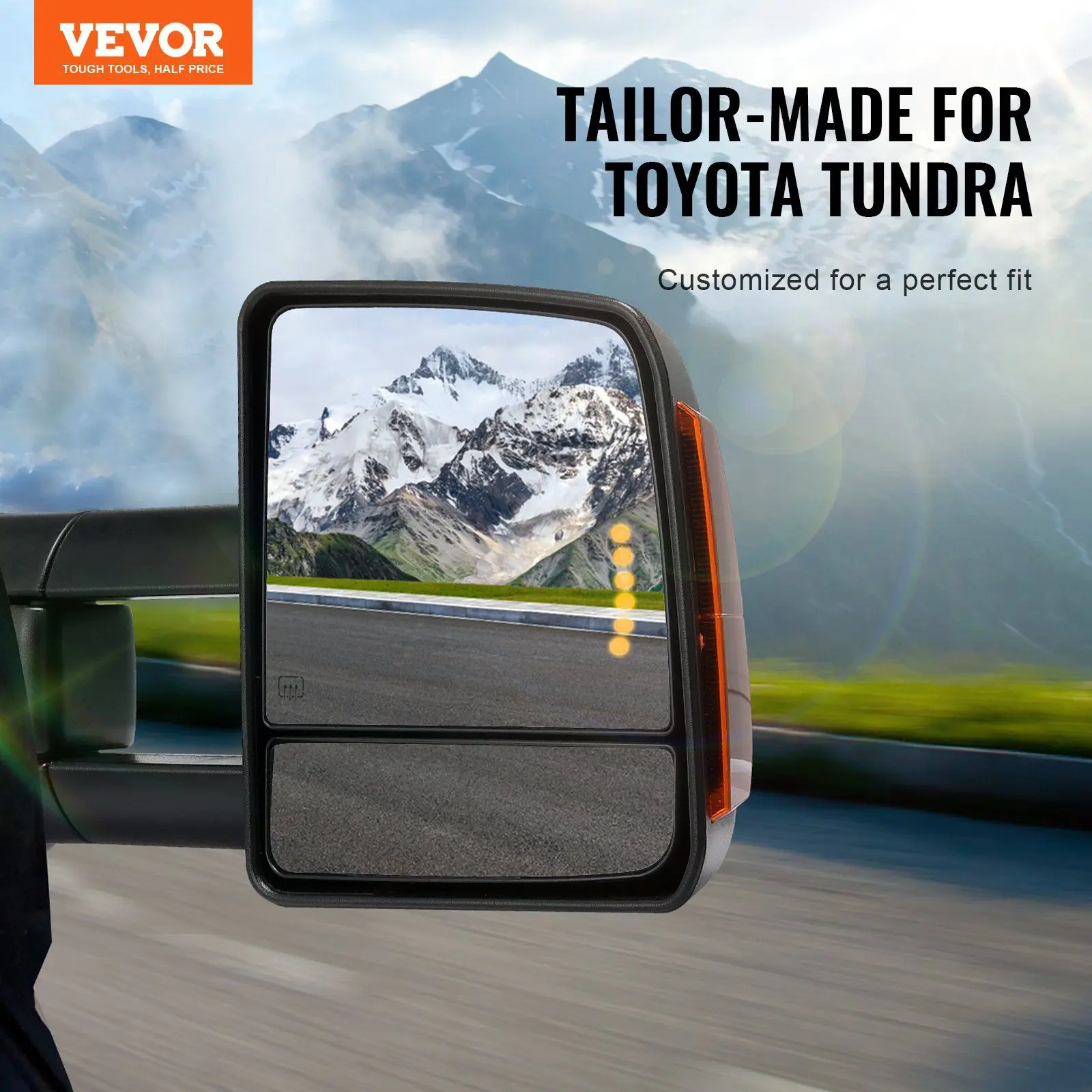 Spring New Arrivals Truck Vehicle Replacement Towing Mirrors Fit for 2007-2017 Toyota Tundra, Power Heated Tow Mirror with Signal Light Lighting Kit, Plane & Convex Glass, Manual Telescoping Folding with Adjustable Folding Angle, Black