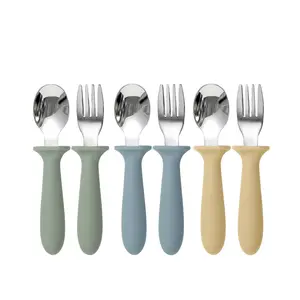 6Pcs Kids Tableware Set, Baby Spoon and Fork with Soft Silicone Handle, Food Grade Stainless Steel Infant Tableware, Non-slip & Dishwasher Safe, Great for Baby Complementary Food Feeding, Home Dining, Outdoor Trips and Kindergarten Meals