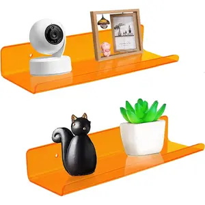 ROYALITA Small Acrylic Shelves Wall Mounted| Set of 2| 12 Inches| Wall Hanging Plant Display Shelves, Room Decor Floating Wall Shelves for Gaming Room Bedroom, Living Room, Office, Orange