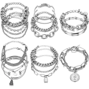 18-25 PCS(6 Pack) Boho Gold Bracelets Set for Women Stackable Chunky Dainty Bangles Adjustable Chain Flat Cuff Cuban Punk Charm Bundle Jewelry