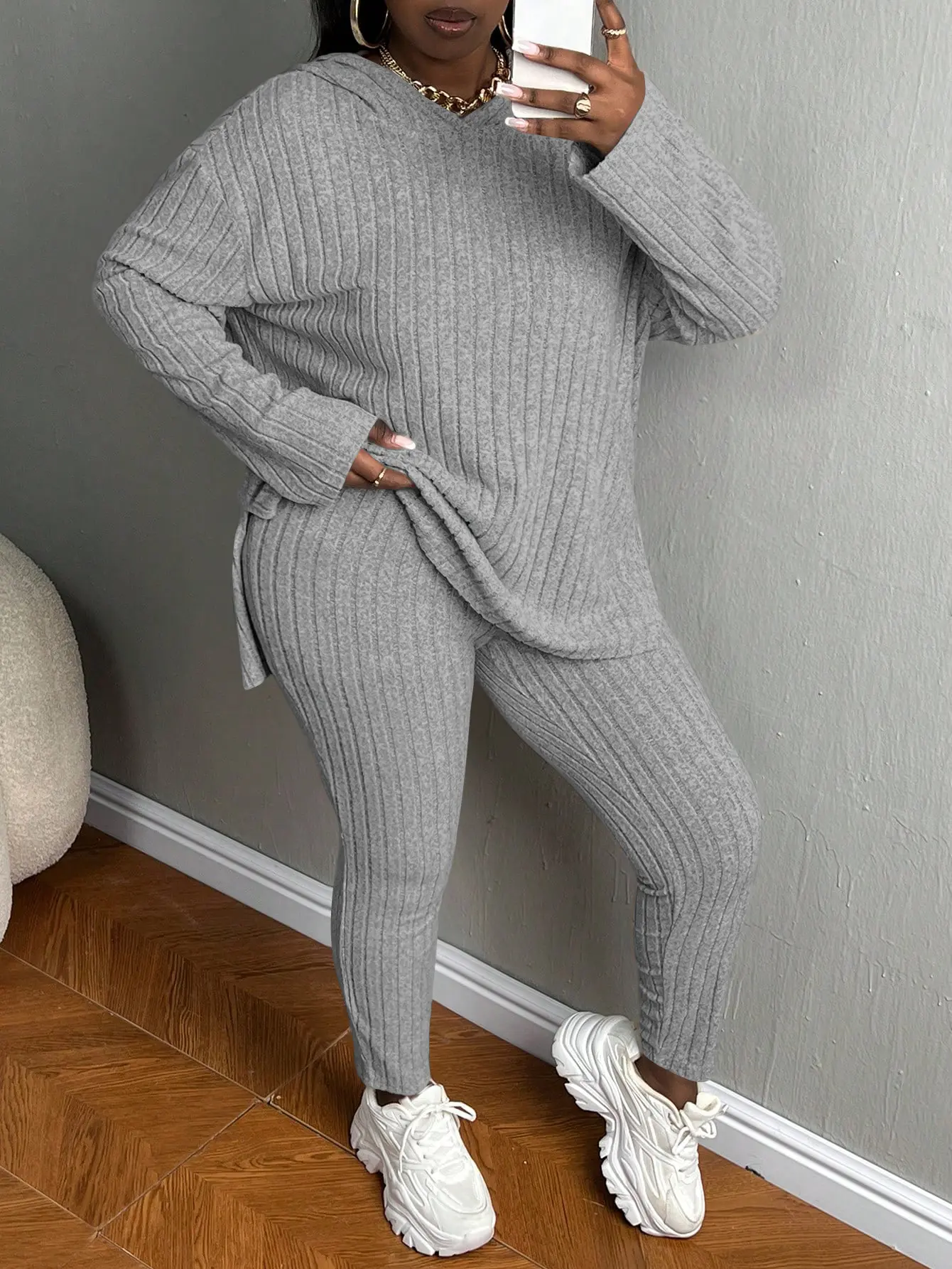 【Plus Size】Women's Solid Textured Ribbed Hoodie & Elastic Waist Pants Set, Casual Cozy Ribbed Knit Outfits for Fall & Winter, Baggy Matching Suits for Daily Wear