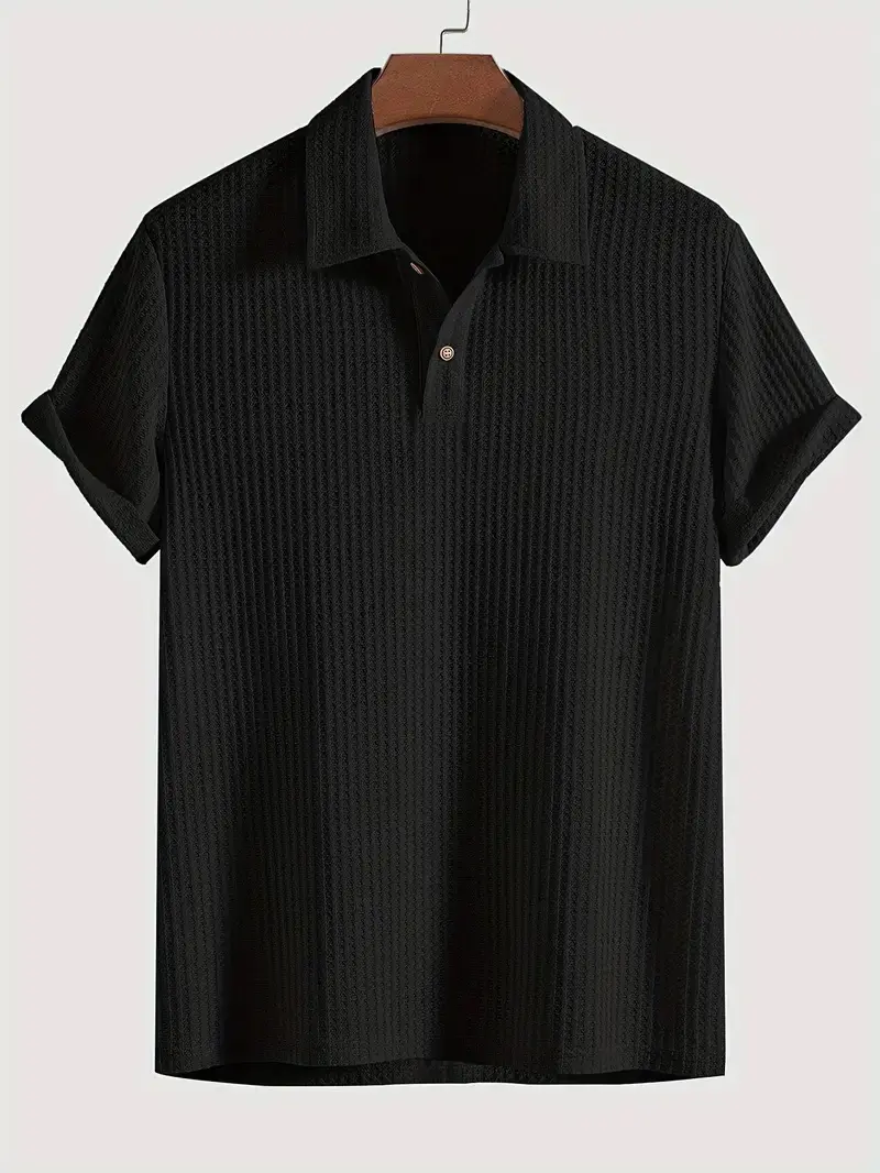 Men's  Short Sleeve Polo Shirt with Textured Pattern and Button Closure Black Casual