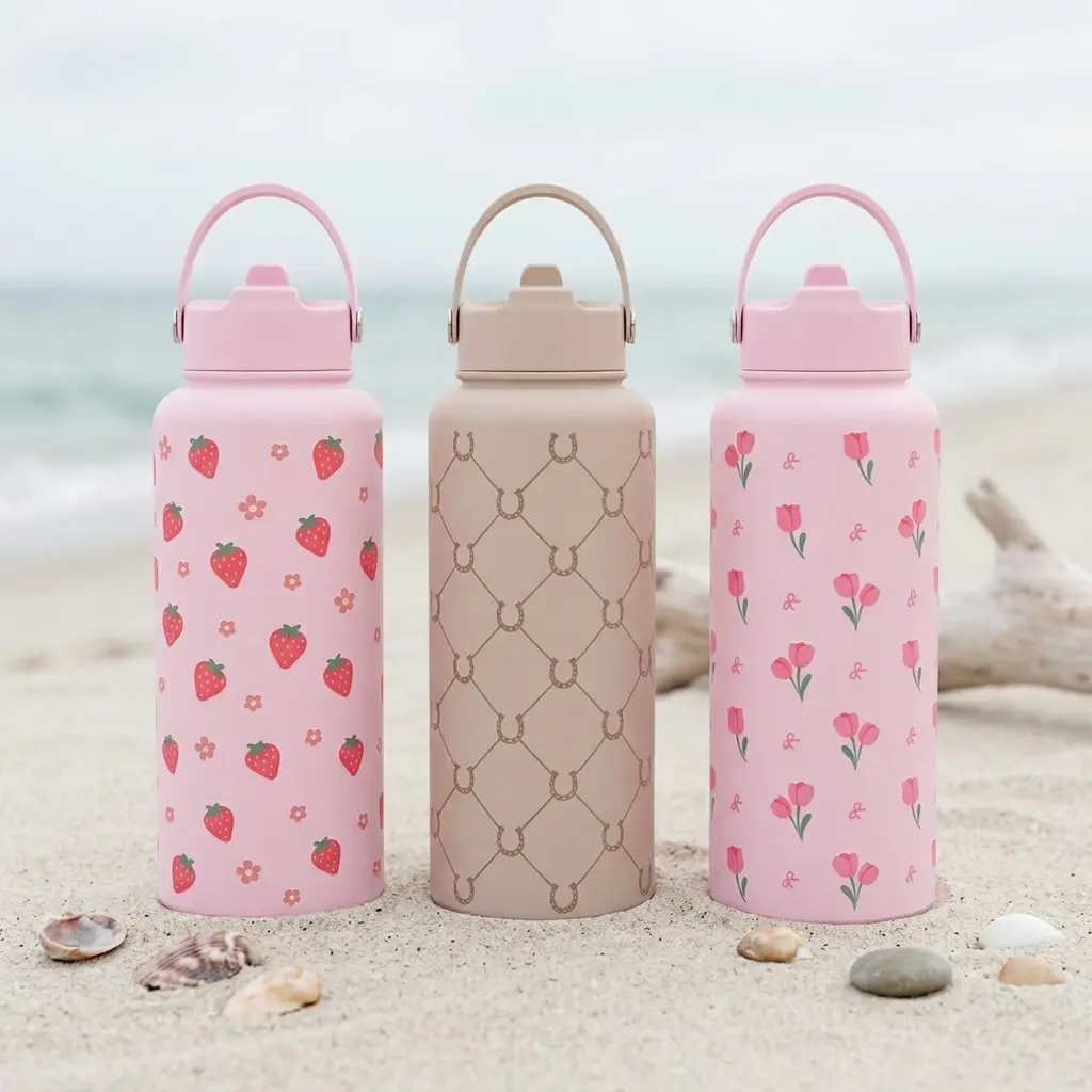 SANDJEST Summer Floral 32oz Portable Water Bottle Flip Straw Lid & Handle, Insulated Leak Proof, Protective Silicone Base, Great for Travel Outdoor