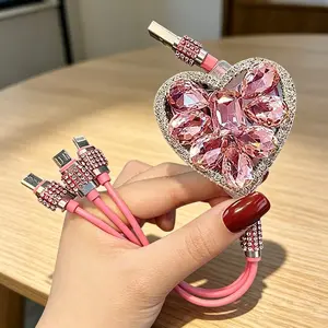 Viral Bling Crystal Charger Cable 3-in-1 Heart Rhinestone Pink Clear Girly Aesthetic Fast Charge Car Accessory Phone Charger Gift for Women