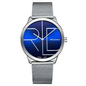 Premium Ultra Slim Minimal Silver Men's Quartz Watch, Stylish Deep Blue Gradient RD Logo Dial Clean Minimalist Face Lightweight Breathable Milan Mesh Strap Trendy Daily High-End Casual Luxury Gift For Him