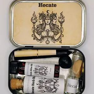 Hecate Mini Altar Kit - Travel Witchcraft Ritual Set with Black Candle, Altar Oil, Herbal Blend, Spray, Moonstone Crystal for Protection & Shadow Work.