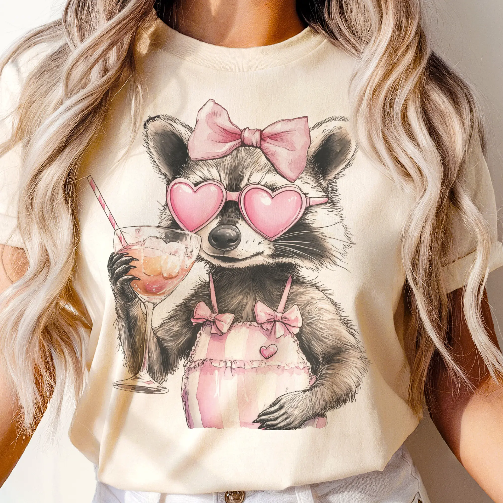 Summer feral raccoon drinking  Preppy Pink Racoon Heart Sunglasses Graphic Tee Women's Lightweight Unisex Top Cute Racoon Shirt for Summer Casual Wear