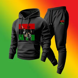 Men's 2-Piece Loose Minimalist Polyester Black History Month Print Tracksuit - Breathable Long-Sleeve Hoodie & Drawstring Sweatpants Set for Fall Winter, Casual Athleisure Menswear for Daily Indoor Outdoor Use