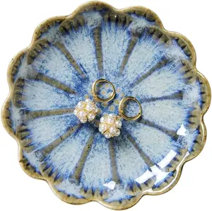Lotus Ring Holder Dish Small Indoor Ash Tray, Ceramic Dessert Plate Trinket Jewelry Holder Organizing Necklace Earrings for Parents Friends Sister, All Jewelries Are NOT Included, Retro Blue.