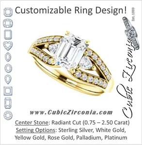 Cubic Zirconia Engagement Ring- The Karen (Customizable Enhanced 3-stone Design with Radiant Cut Center, Dual Trillion Accents and Wide Pavé-Split Band)