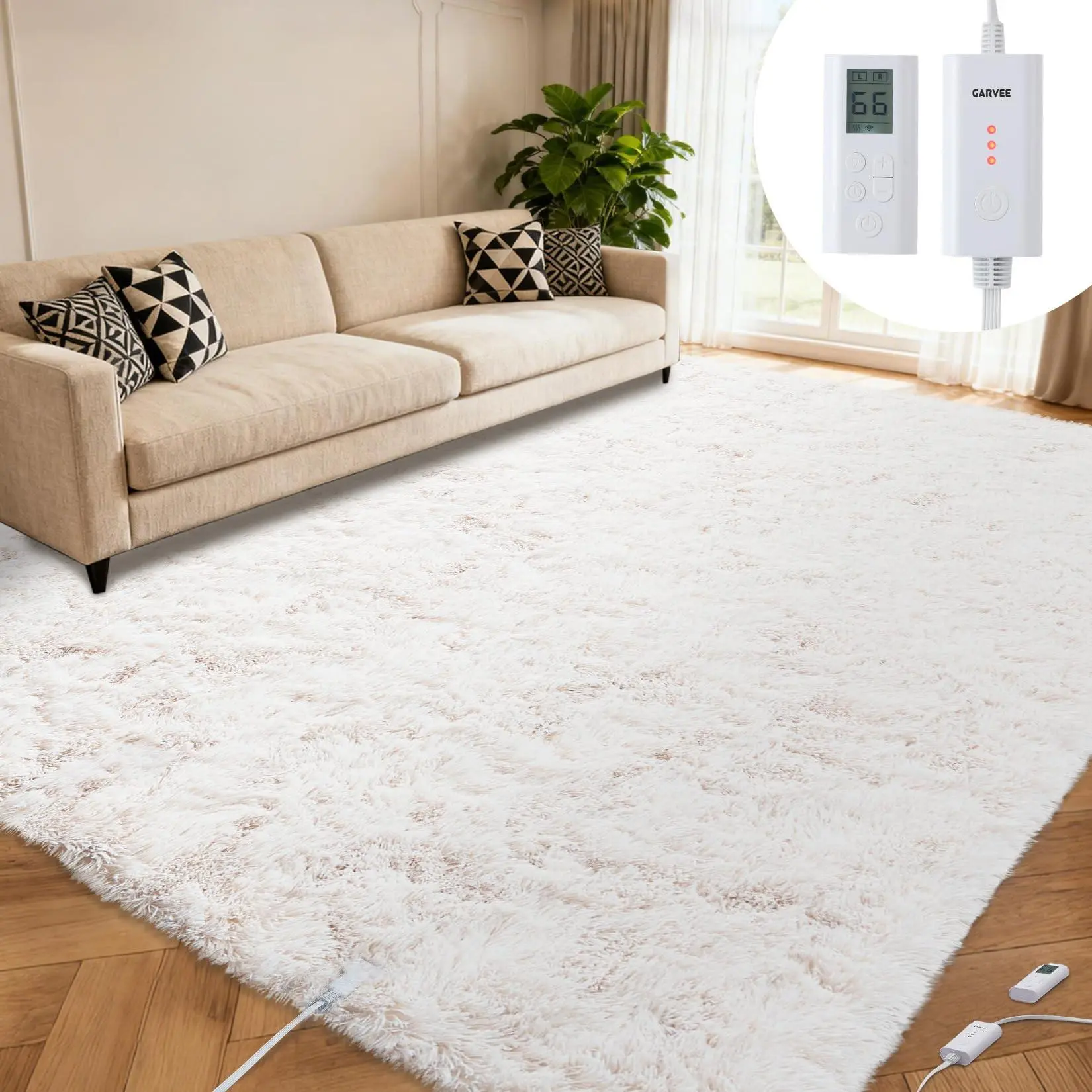 GARVEE 8x10 ft Wireless Heated Floor Mat, Heated Rug Gaming Rug with 6 Heat Levels & 10H Auto Off, Soft Plush Heating Carpet Foot Warmer for Living Room Bedroom Office Playroom, White