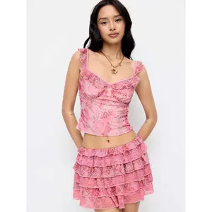 Cider Mesh Sweetheart Ruffle Sleeve Abstract Graphic Crop Top