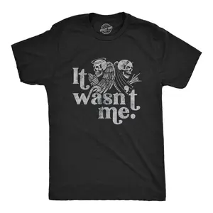 Mens It Wasn't Me T Shirt Funny Angel Devil Skeleton Halloween Graphic Tee Mens Funny T Shirts Cool Vintage Fashion T-Shirt Gift Classic Menswear Halloween Apparel for Men Novelty Tees for Guys Black