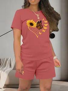 Women's Summer Casual Short Sleeve Top & Shorts Set, Womenswear, Heart Floral Butterfly Print Round Neck, Fitted Thin Lightweight Fabric Clothing