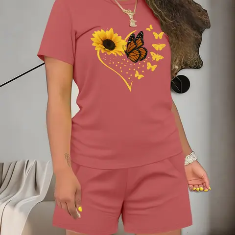 Women's Summer Casual Heart Floral Butterfly Print Round Neck Short Sleeve Shorts and Tops Set, Womenswear, Fitted Thin Lightweight Fabric Clothing, Casual Loungewear Sets