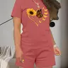 Women's Summer Casual Heart Floral Butterfly Print Round Neck Short Sleeve Shorts and Tops Set, Womenswear, Fitted Thin Lightweight Fabric Clothing, Casual Loungewear Sets