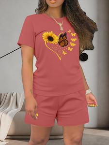 Women's Summer Casual Short Sleeve Top & Shorts Set, Heart Floral Butterfly Print Round Neck, Fitted Thin Fabric Clothing