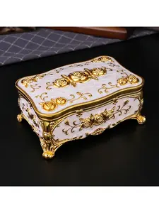 Vintage Rose Embossed Jewelry & Cosmetic Storage Box, Luxury Gold-Tone Decorative Trinket Box for Vanity