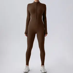 Women's Sporty Tight-Fit Long Sleeve Jumpsuit Plain Pattern Fleece Lined Half-Zipper Design for Fall Winter Yoga Gym Workout Athletic Training Apparel