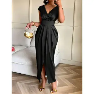 Womens Golden VNeck Pleated Satin Dress Evening Fabric Fit Formal Womenswear Basic