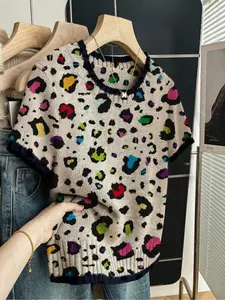 Women's Leopard Print Round Neck Sweater, Casual Short Sleeve Knitwear for Spring Summer Fall, Comfortable Warm Daily Wear