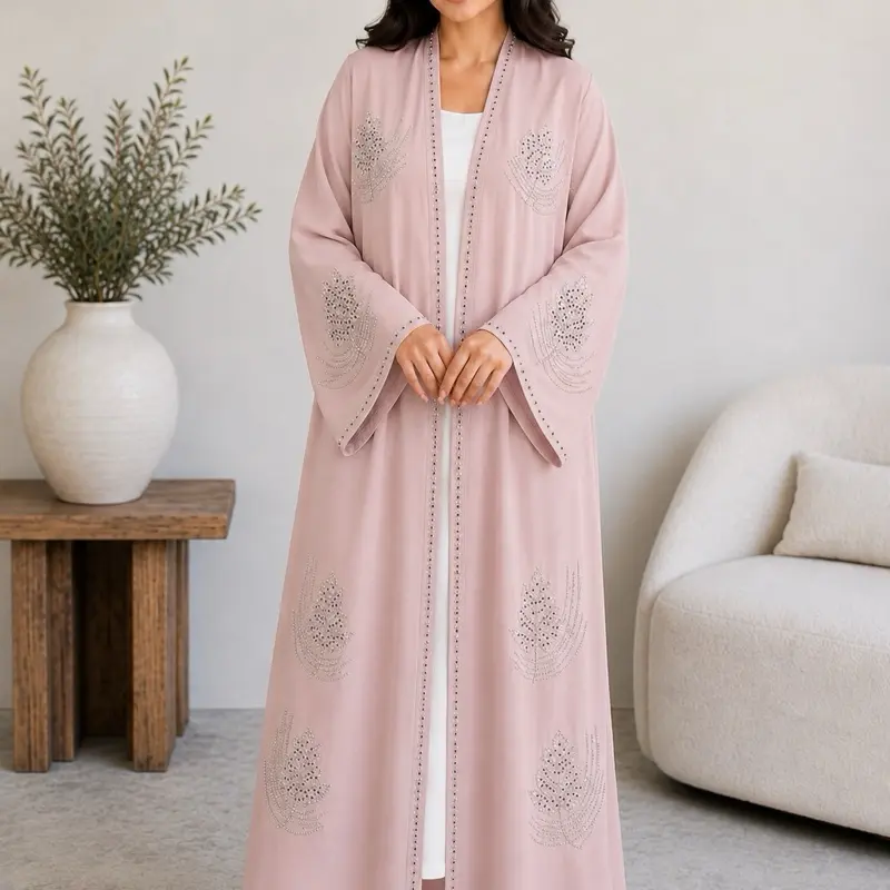 Women's Islamic Open-Front Button-Down Rhinestone-Embellished Abaya - Dubai-Inspired Elegant Traditional Abayas, Modest Muslim Outfits