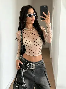 Women's Sheer Mesh Long Sleeve Top, Polka Dot Print, Crew Neck, Slim Fit See-Through Crop Top, Y2K Style Blouse, Womenswear for Party, Club & Casual