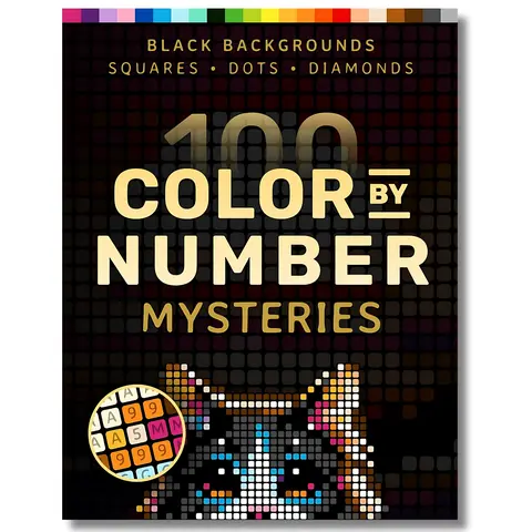 Adult Coloring Book for Anxiety Relief - Mindful and Marker-Friendly Paint by Numbers Pages, 100 Mysteries, Black Backgrounds, Grid Styles (Squares/Diamonds/Dots), Navigation Index, 8.5 x 0.48 x 11 inches, 1.54 lbs, DIY Art Therapy Activity