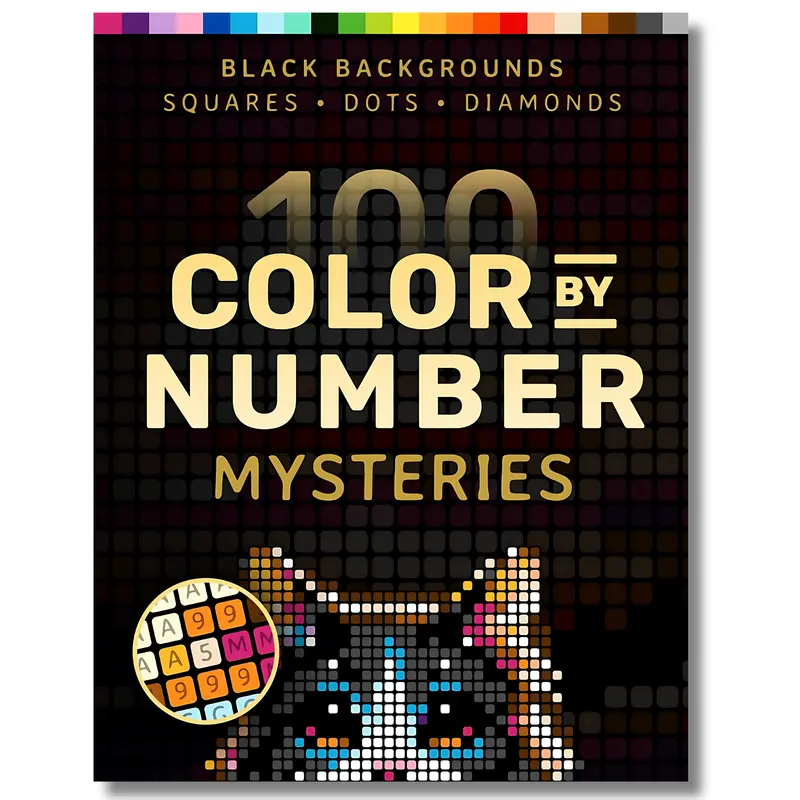 Adult Coloring Book for Anxiety Relief - Mindful and Marker-Friendly Paint by Numbers Pages, 100 Mysteries, Black Backgrounds, Grid Styles (Squares/Diamonds/Dots), Navigation Index, 8.5 x 0.48 x 11 inches, 1.54 lbs, DIY Art Therapy Activity